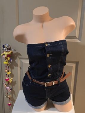 Strapless Dark Denim Romper with Belt